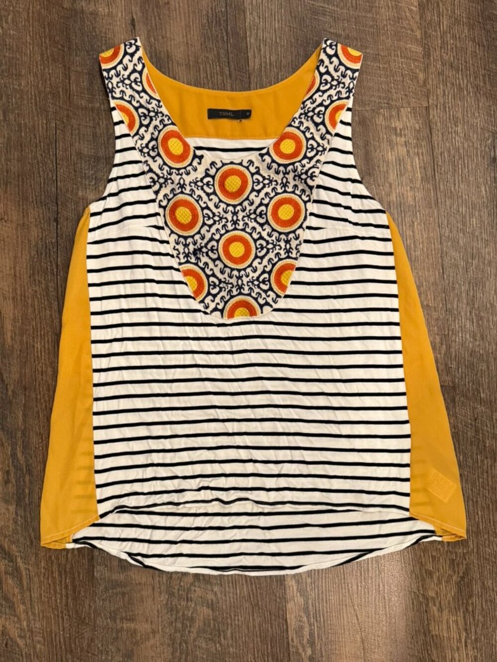 THML Black and White Striped Mustard and Red Embroidered Tank Top - Medium